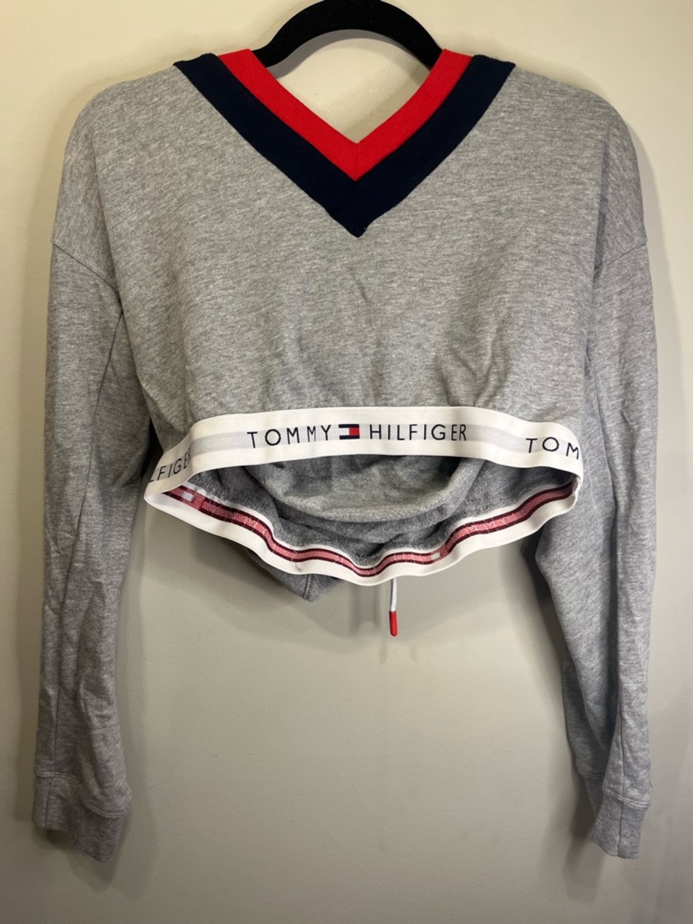 Tommy Hilfiger Gray Cropped V-Neck Sweatshirt with Red & Navy Trim